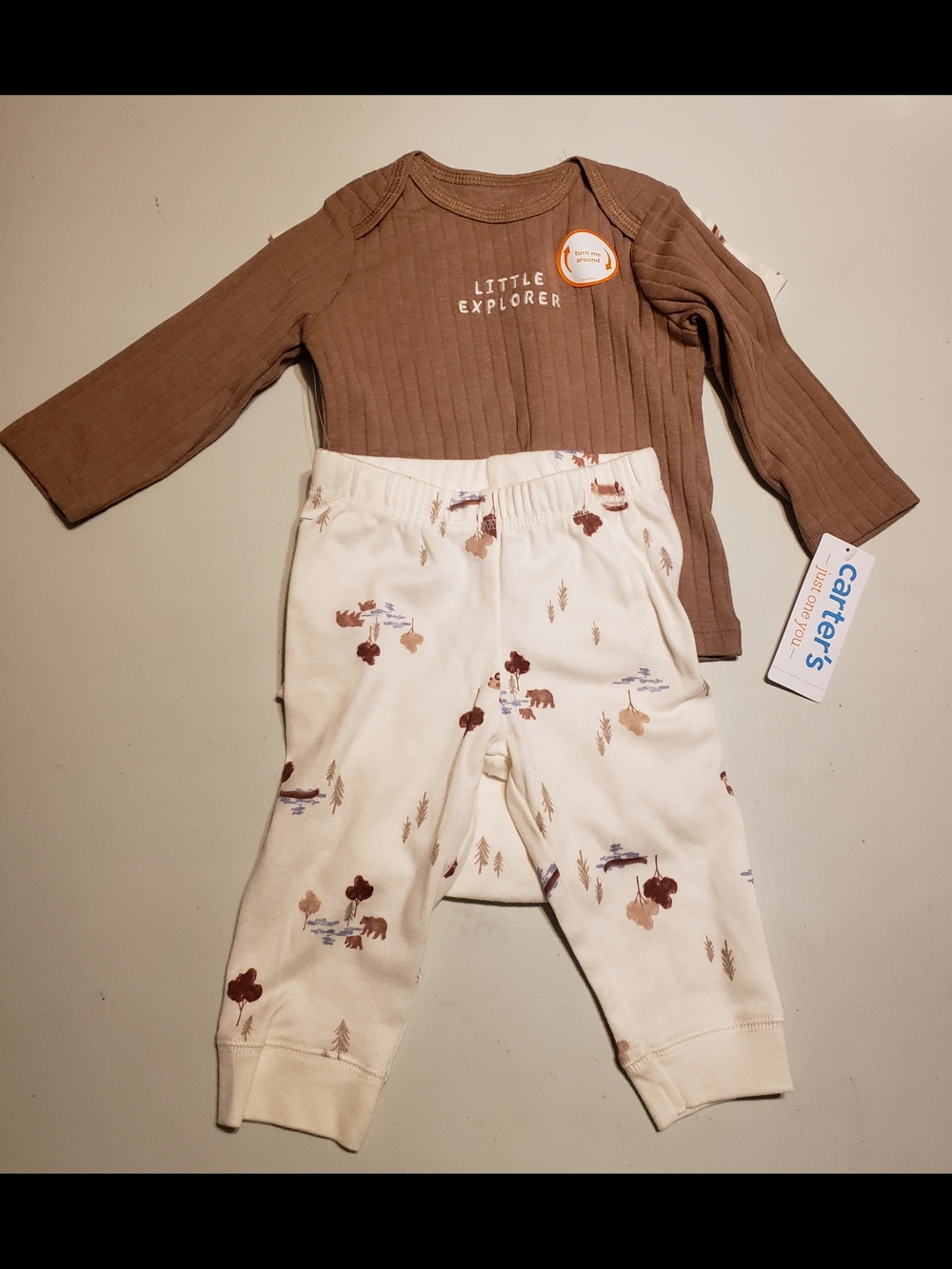 Carter's Brown Ribbed 'Little Explorer' Top with Cream Woodland Print Pants